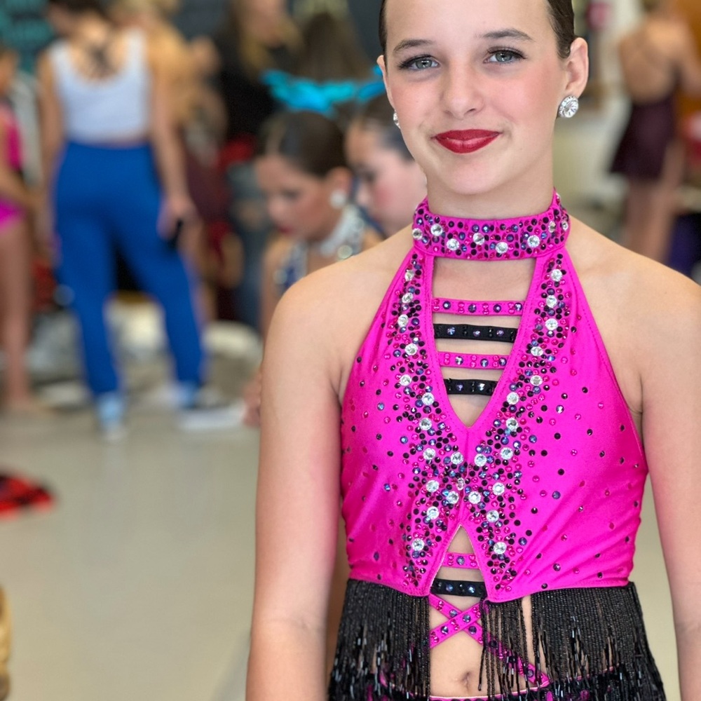 Glamour Pink and Black Dance Costume with Fringe